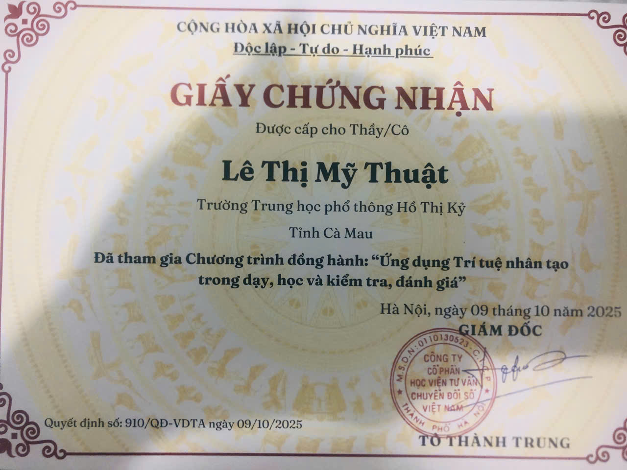 Chứng nhận Ứng dụng Trí tuệ nhân tạo trong dạy, học và kiểm tra, đánh giá